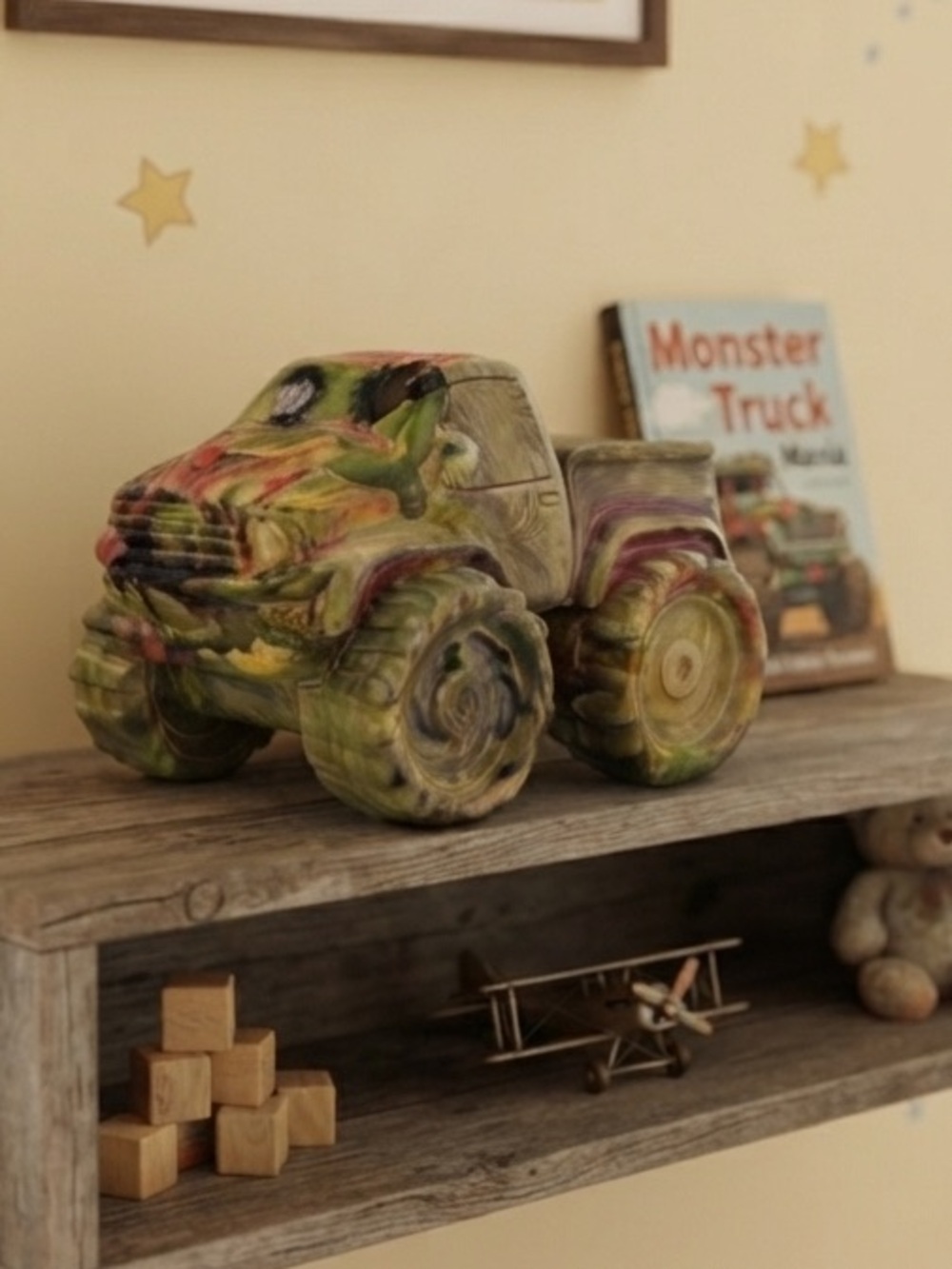 ceramic monster truck bank that has been painted with various colors and glazed